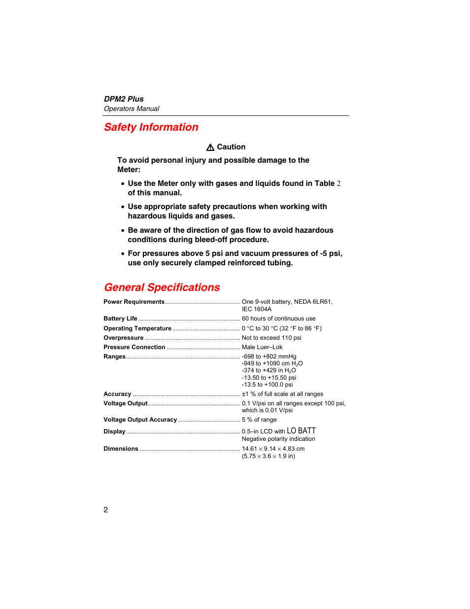 Safety information, General specifications, Lo batt | Fluke Biomedical DPM2 Plus User Manual | Page 10 / 18