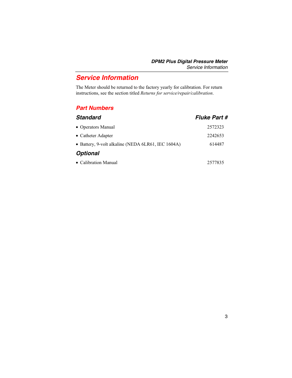 Service information, Part numbers | Fluke Biomedical DPM2 Plus User Manual | Page 11 / 18