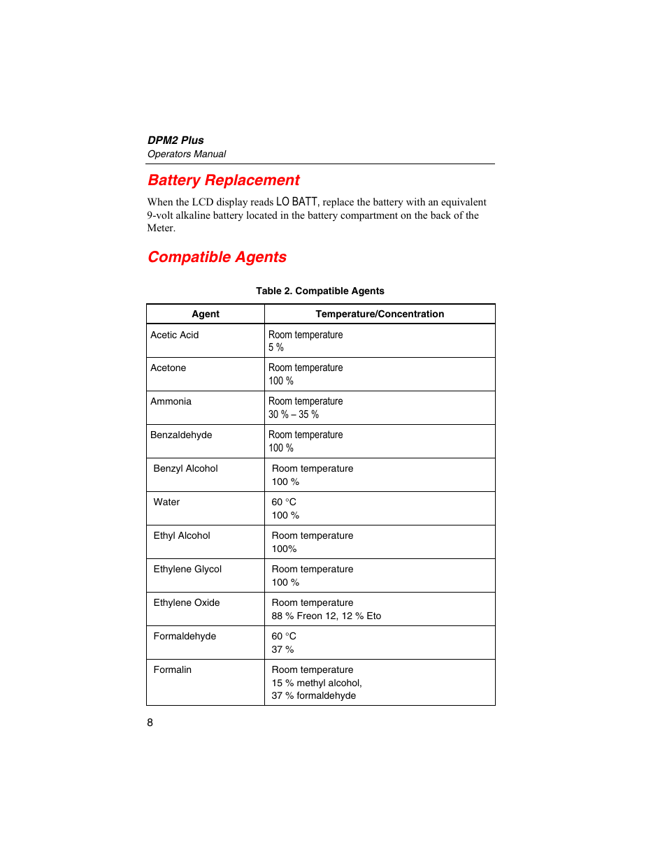Battery replacement, Compatible agents | Fluke Biomedical DPM2 Plus User Manual | Page 16 / 18