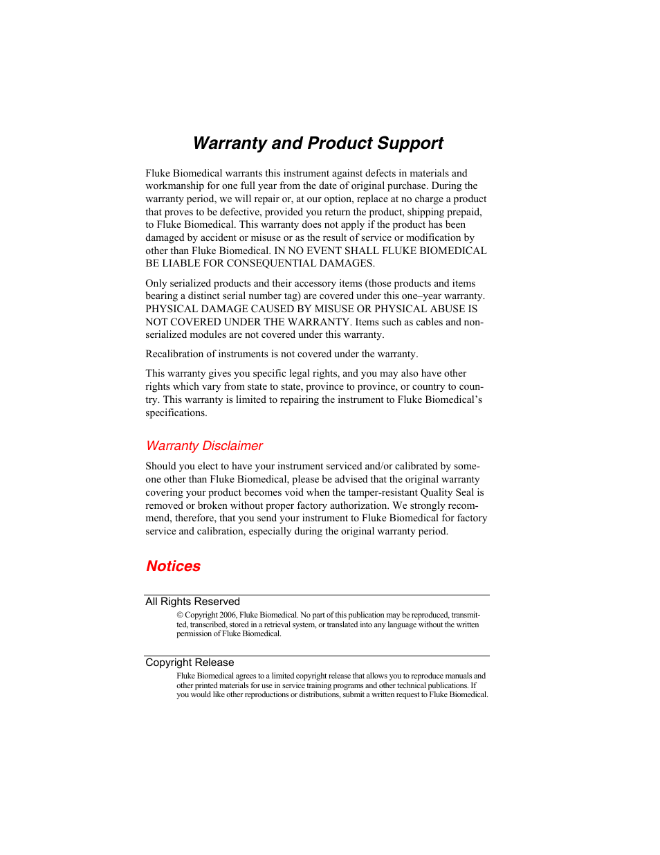 Warranty and product support, Warranty disclaimer, Notices | Fluke Biomedical DPM2 Plus User Manual | Page 2 / 18