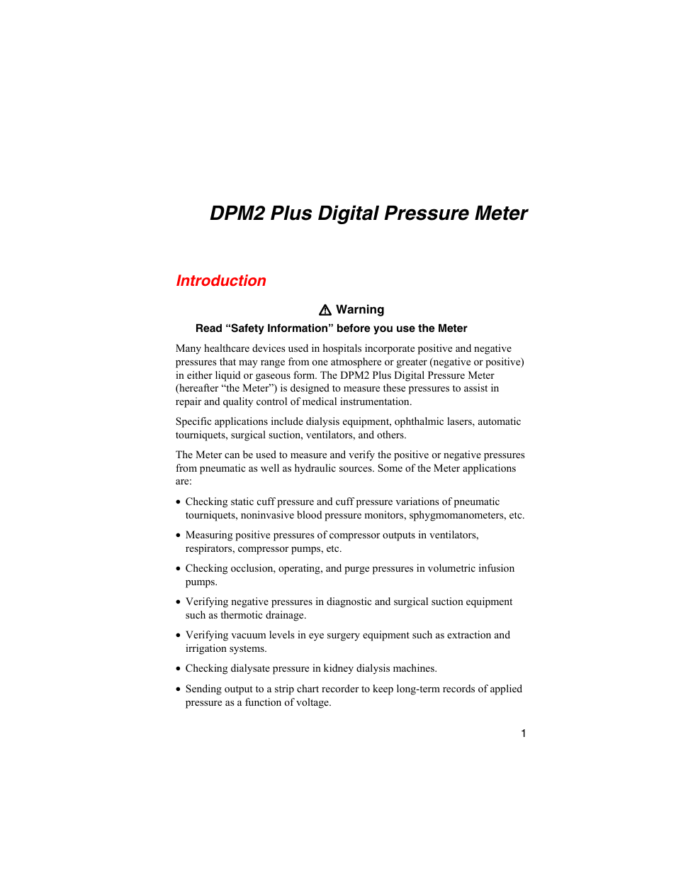 Introduction, Dpm2 plus digital pressure meter | Fluke Biomedical DPM2 Plus User Manual | Page 9 / 18