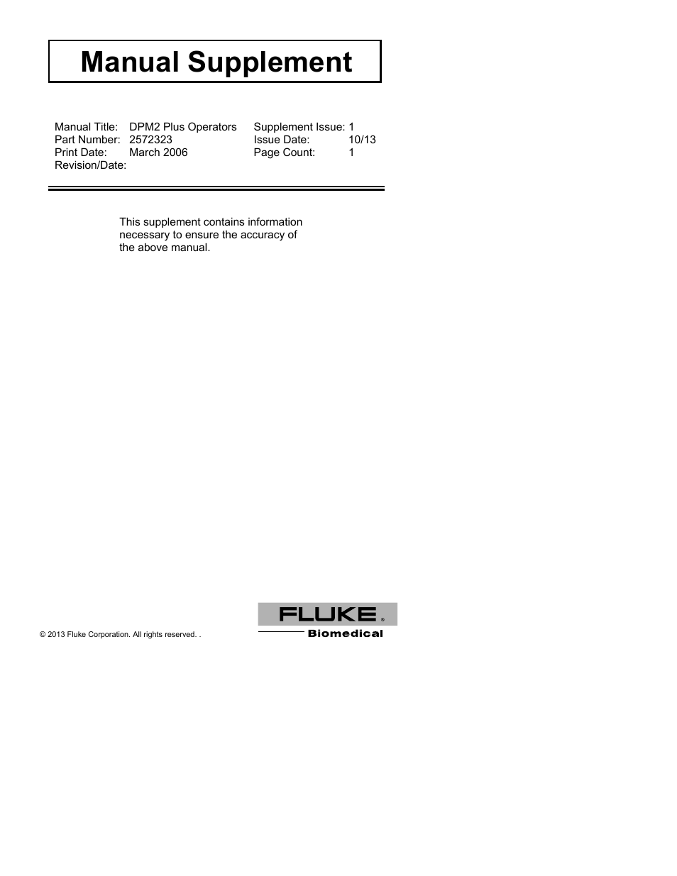 Fluke Biomedical DPM2 Plus Supplement User Manual | 2 pages