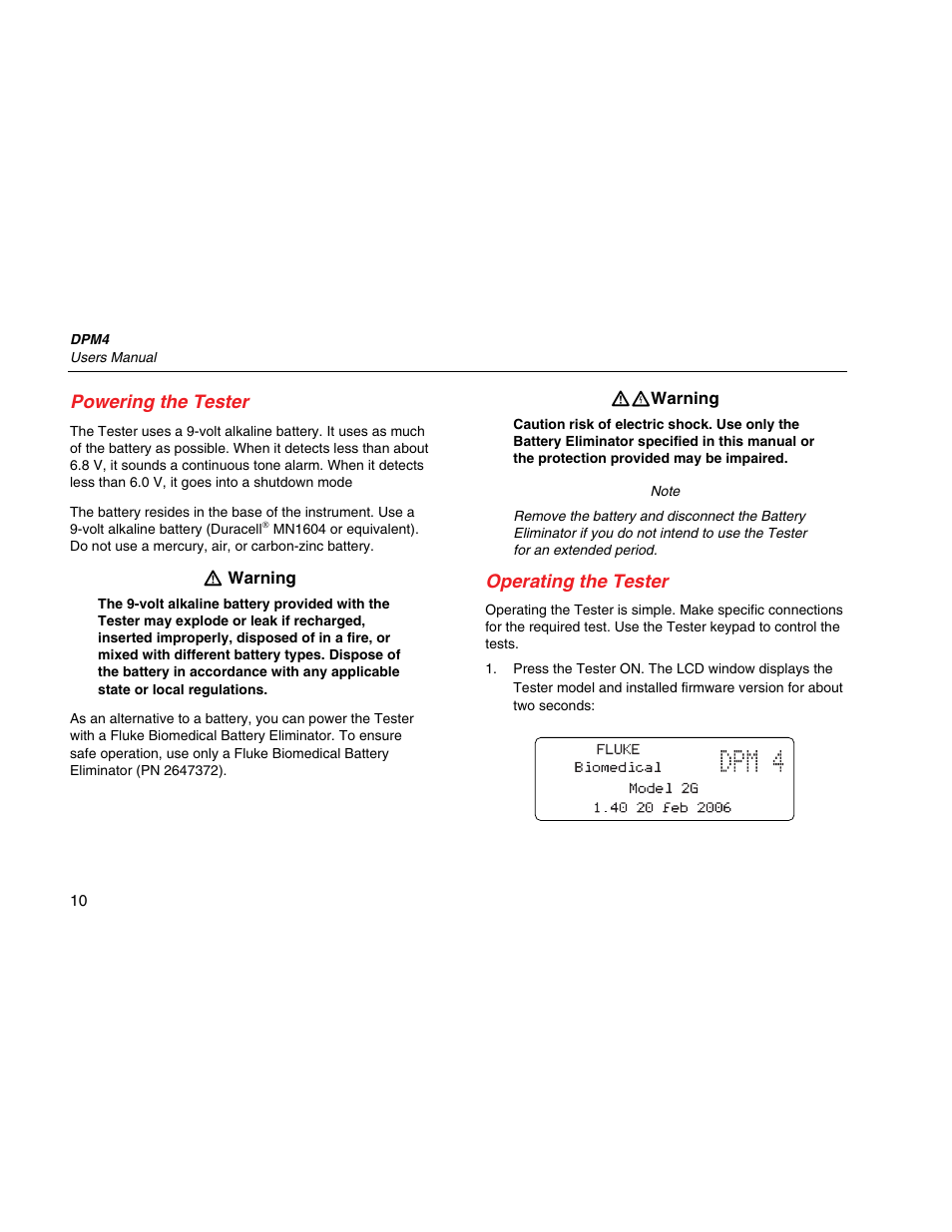 Powering the tester, Operating the tester | Fluke Biomedical DPM4 User Manual | Page 18 / 24