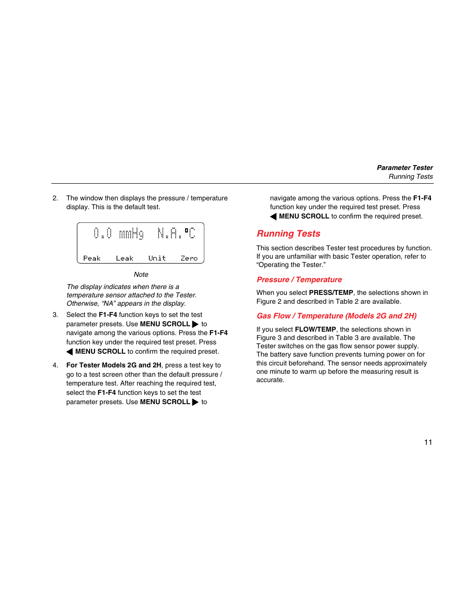 Running tests, Pressure / temperature, Gas flow / temperature (models 2g and 2h) | Fluke Biomedical DPM4 User Manual | Page 19 / 24