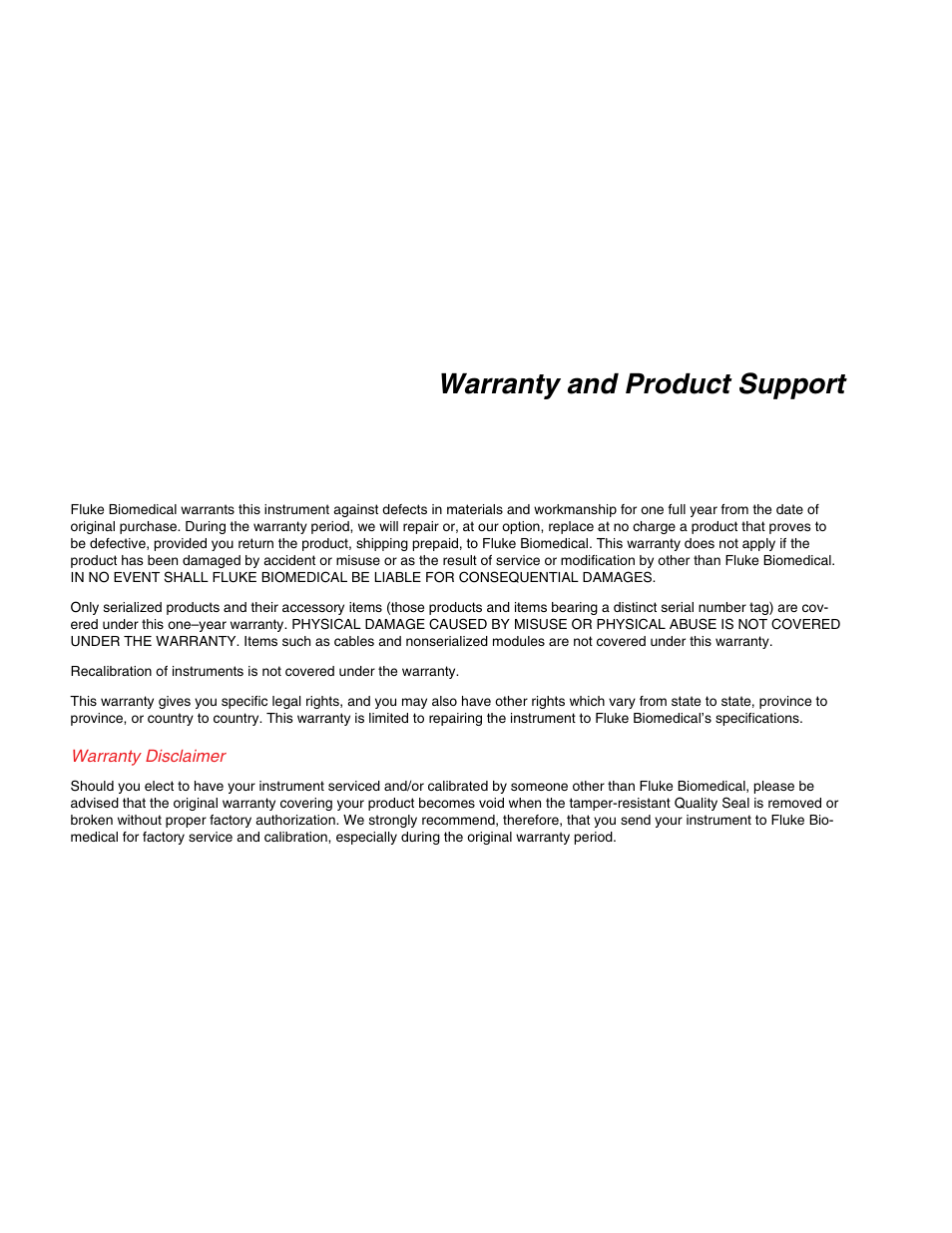 Warranty, Warranty and product support | Fluke Biomedical DPM4 User Manual | Page 2 / 24