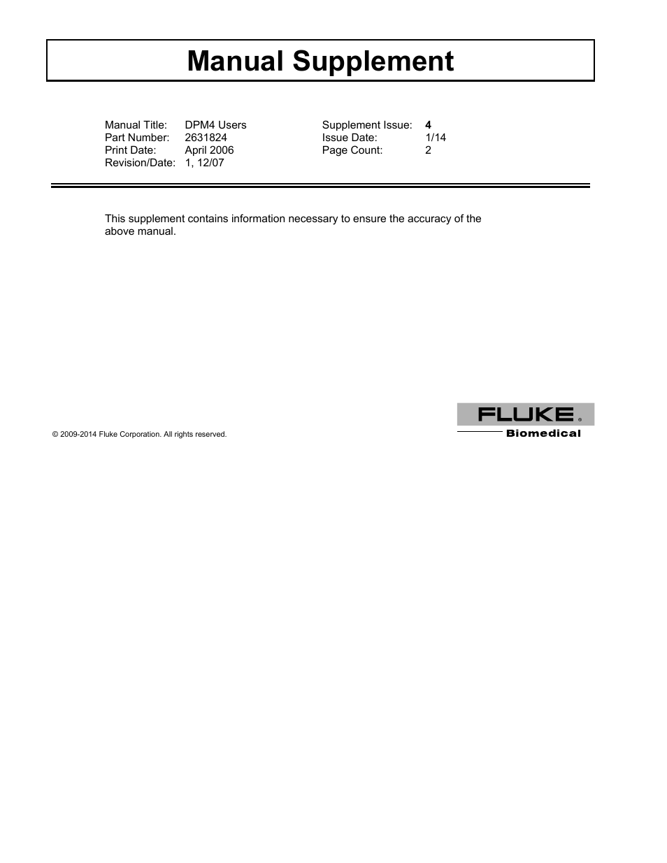Fluke Biomedical DPM4 Supplement User Manual | 3 pages