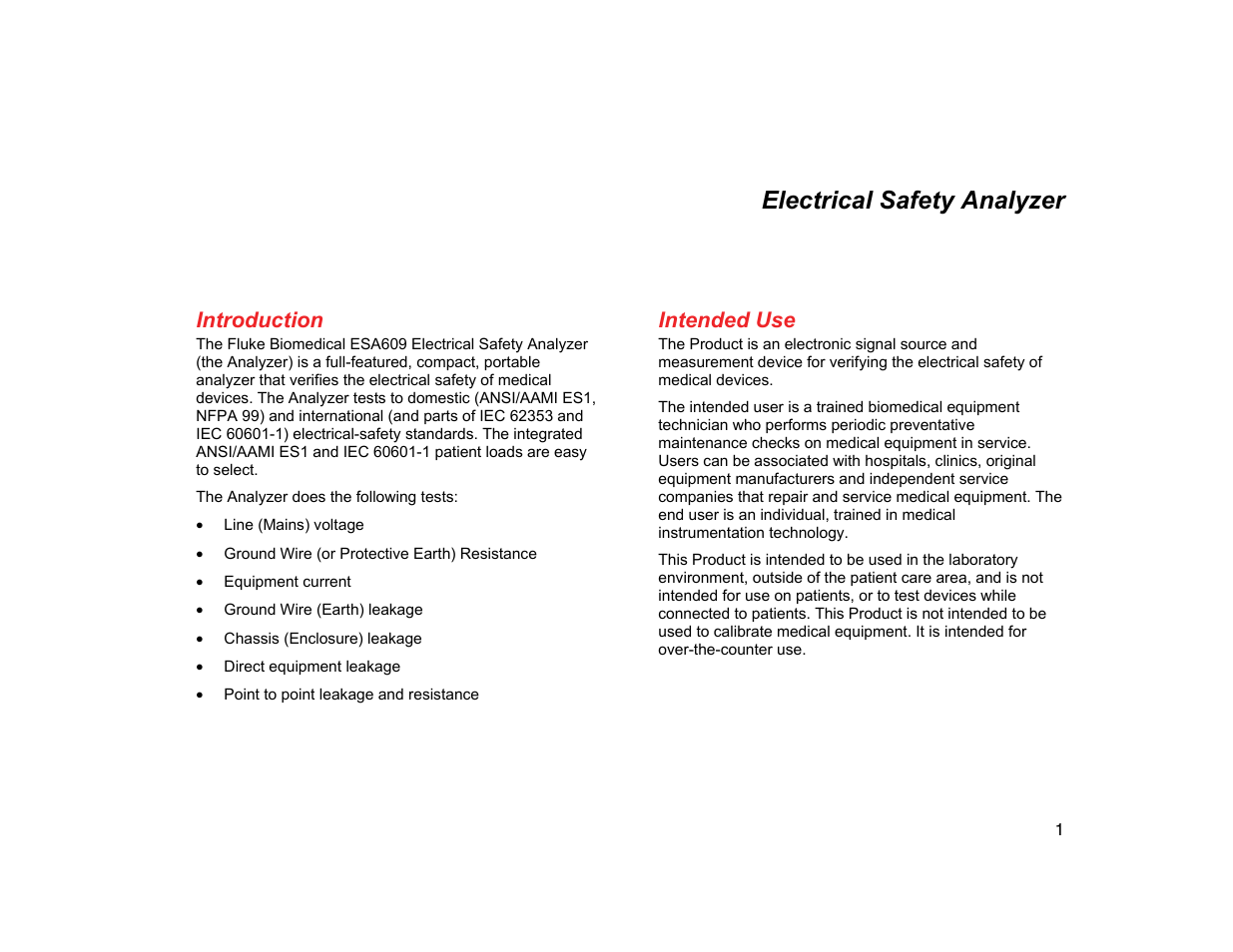 Introduction, Intended use, Electrical safety analyzer | Fluke Biomedical ESA609 User Manual | Page 13 / 42