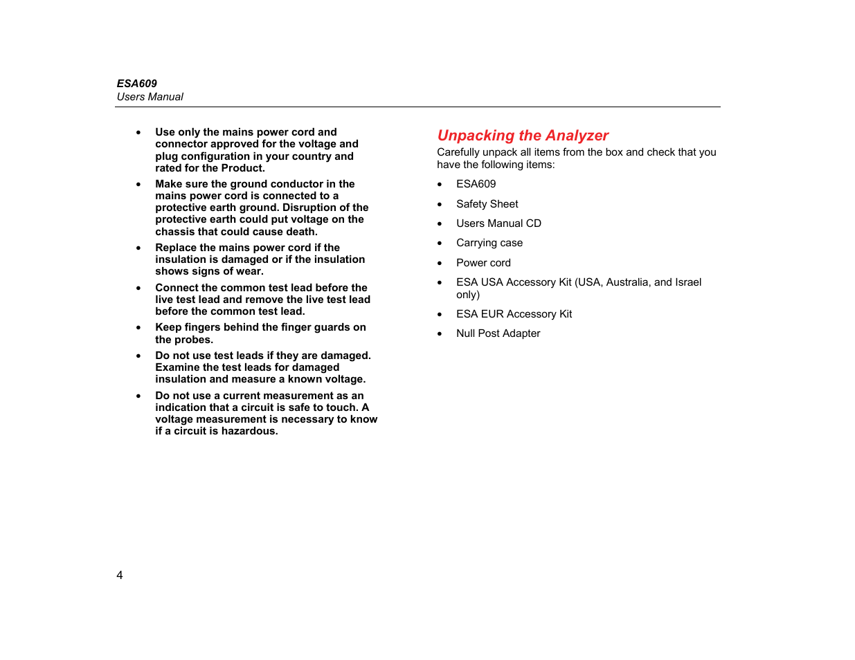 Unpacking the analyzer | Fluke Biomedical ESA609 User Manual | Page 16 / 42