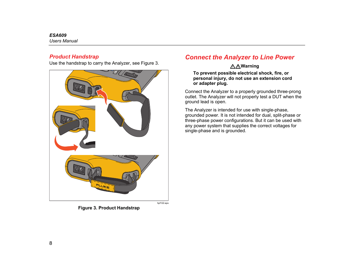 Product handstrap, Connect the analyzer to line power | Fluke Biomedical ESA609 User Manual | Page 20 / 42