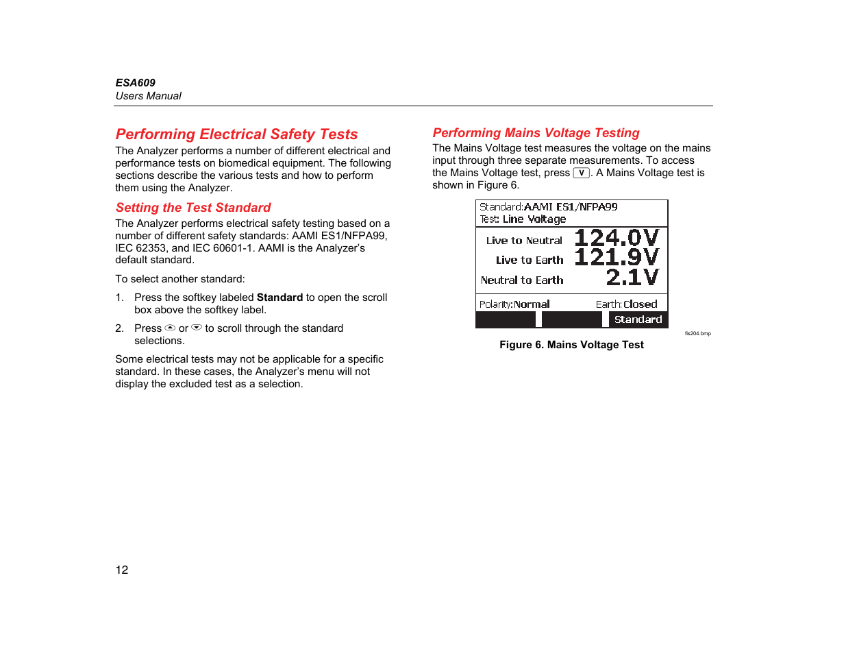Performing electrical safety tests, Setting the test standard, Performing mains voltage testing | Fluke Biomedical ESA609 User Manual | Page 24 / 42