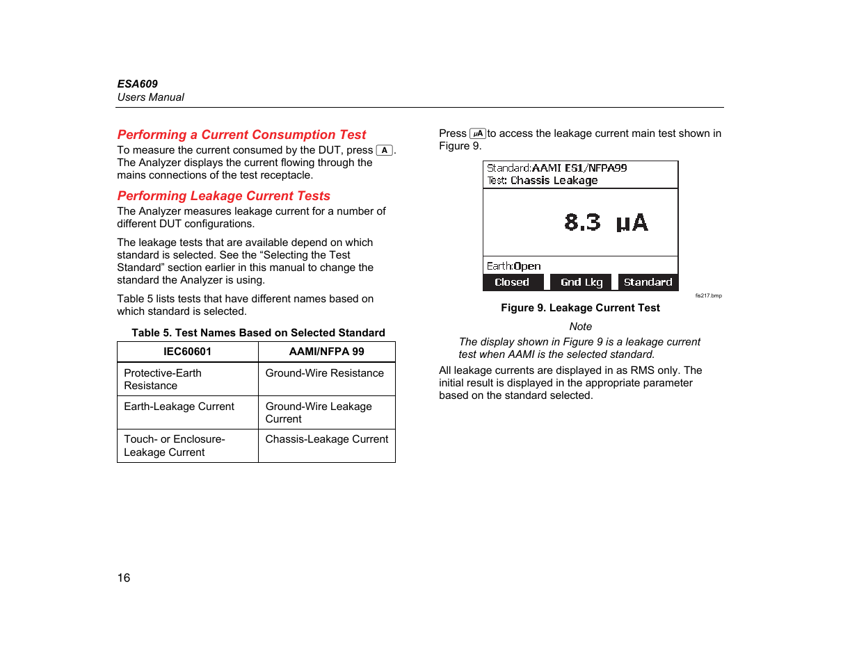 Performing a current consumption test, Performing leakage current tests | Fluke Biomedical ESA609 User Manual | Page 28 / 42