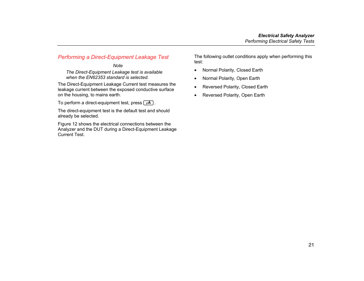 Performing a direct-equipment leakage test | Fluke Biomedical ESA609 User Manual | Page 33 / 42