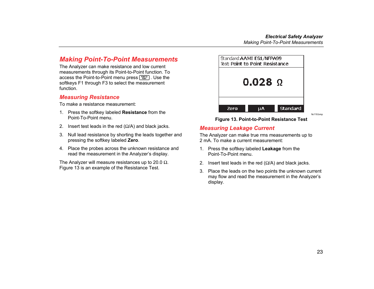 Making point-to-point measurements, Measuring resistance, Measuring leakage current | Fluke Biomedical ESA609 User Manual | Page 35 / 42