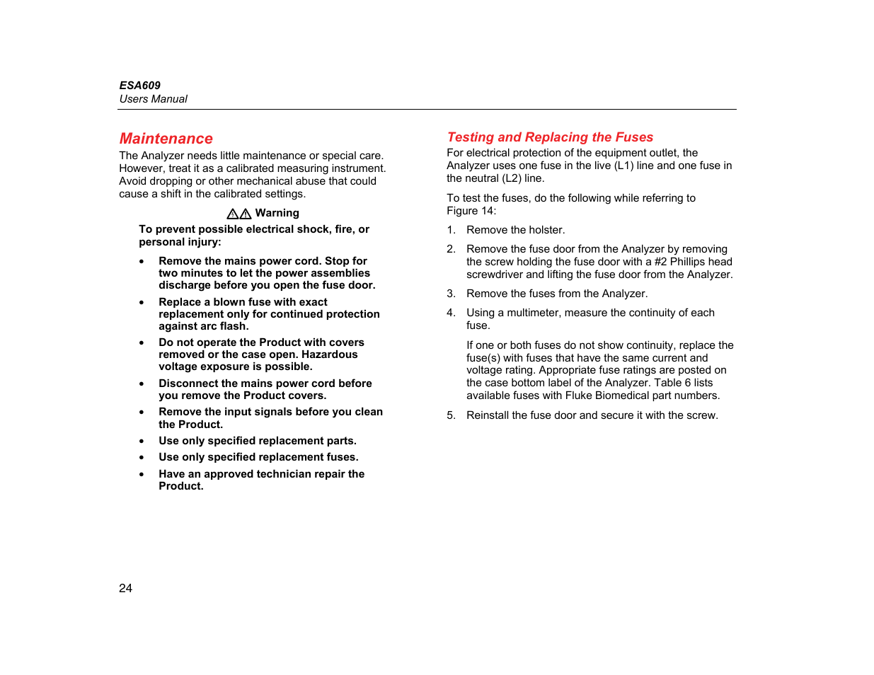 Maintenance, Testing and replacing the fuses | Fluke Biomedical ESA609 User Manual | Page 36 / 42