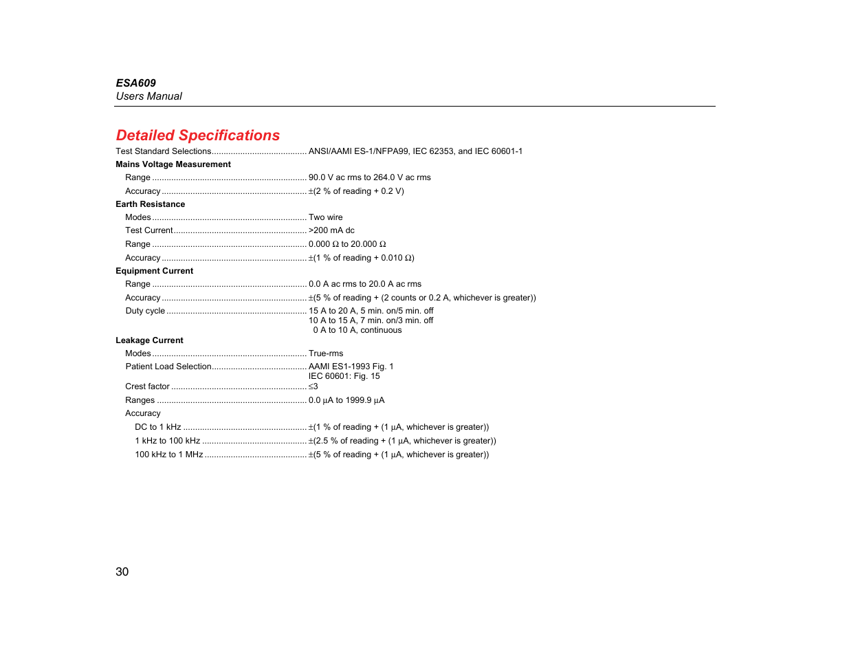 Detailed specifications | Fluke Biomedical ESA609 User Manual | Page 42 / 42
