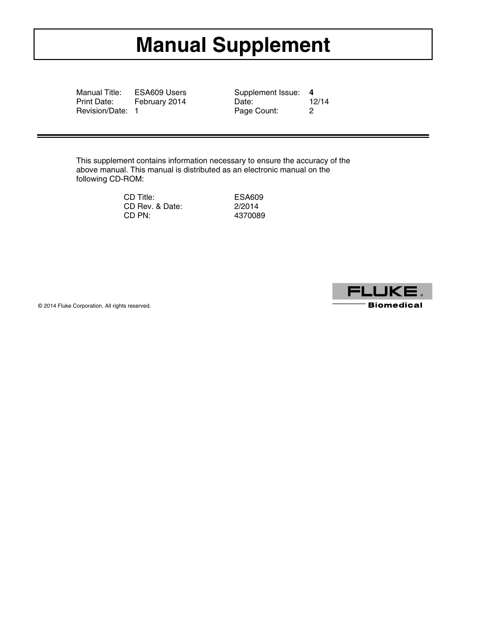 Fluke Biomedical ESA609 Supplement User Manual | 3 pages