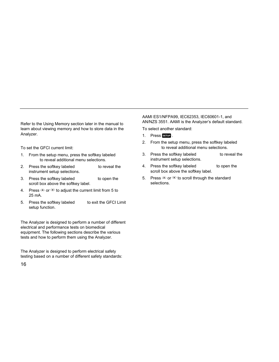 Viewing memory, Setting the gfci limit, Performing electrical safety tests | Setting the test standard | Fluke Biomedical ESA612 User Manual | Page 30 / 88