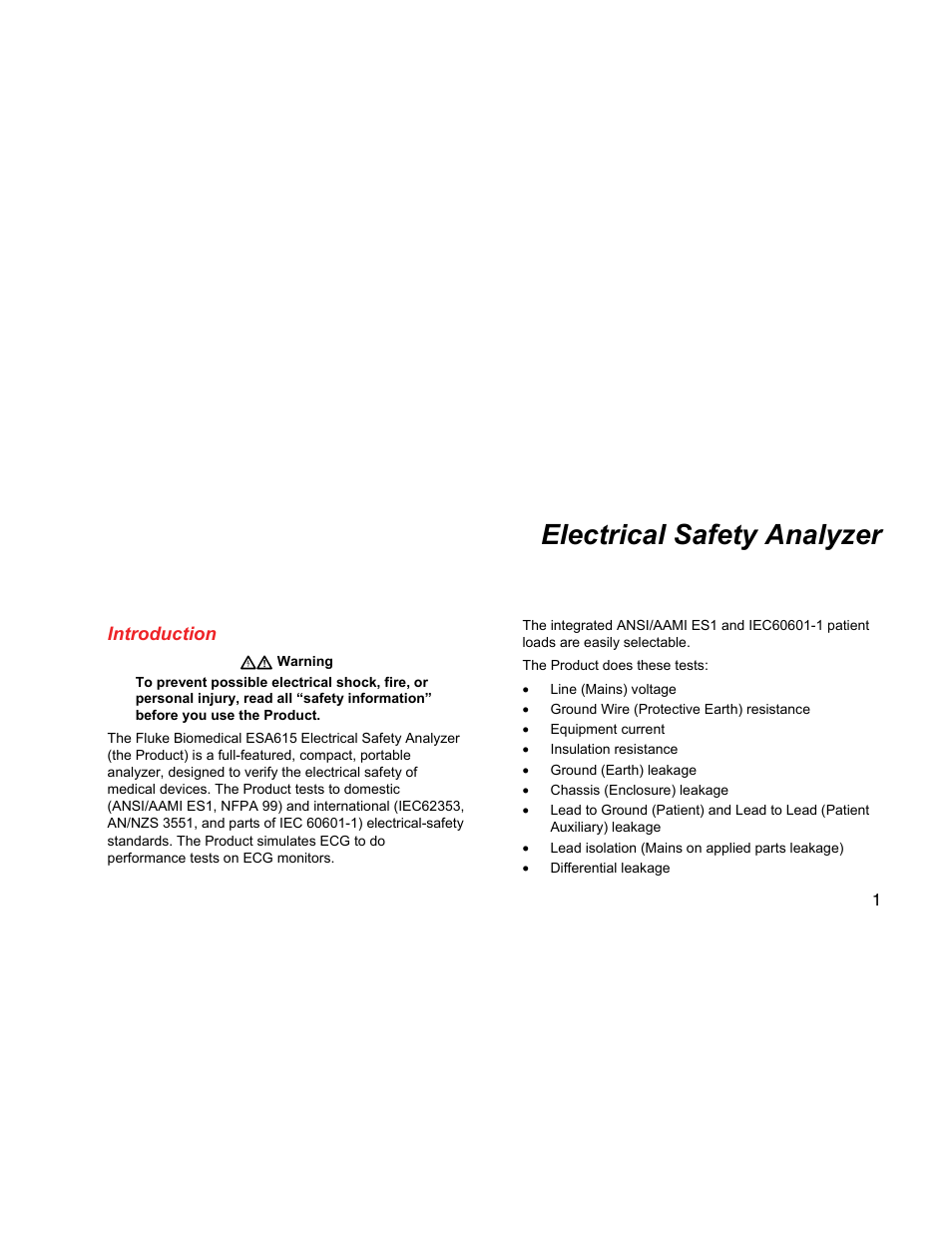 Introduction, Electrical safety analyzer | Fluke Biomedical ESA615 User Manual | Page 15 / 96