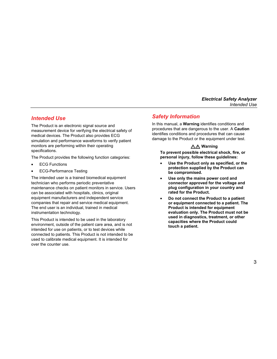 Intended use, Safety information | Fluke Biomedical ESA615 User Manual | Page 17 / 96