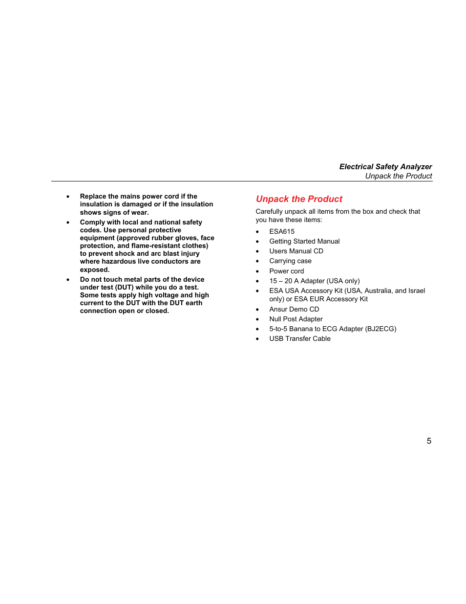 Unpack the product | Fluke Biomedical ESA615 User Manual | Page 19 / 96