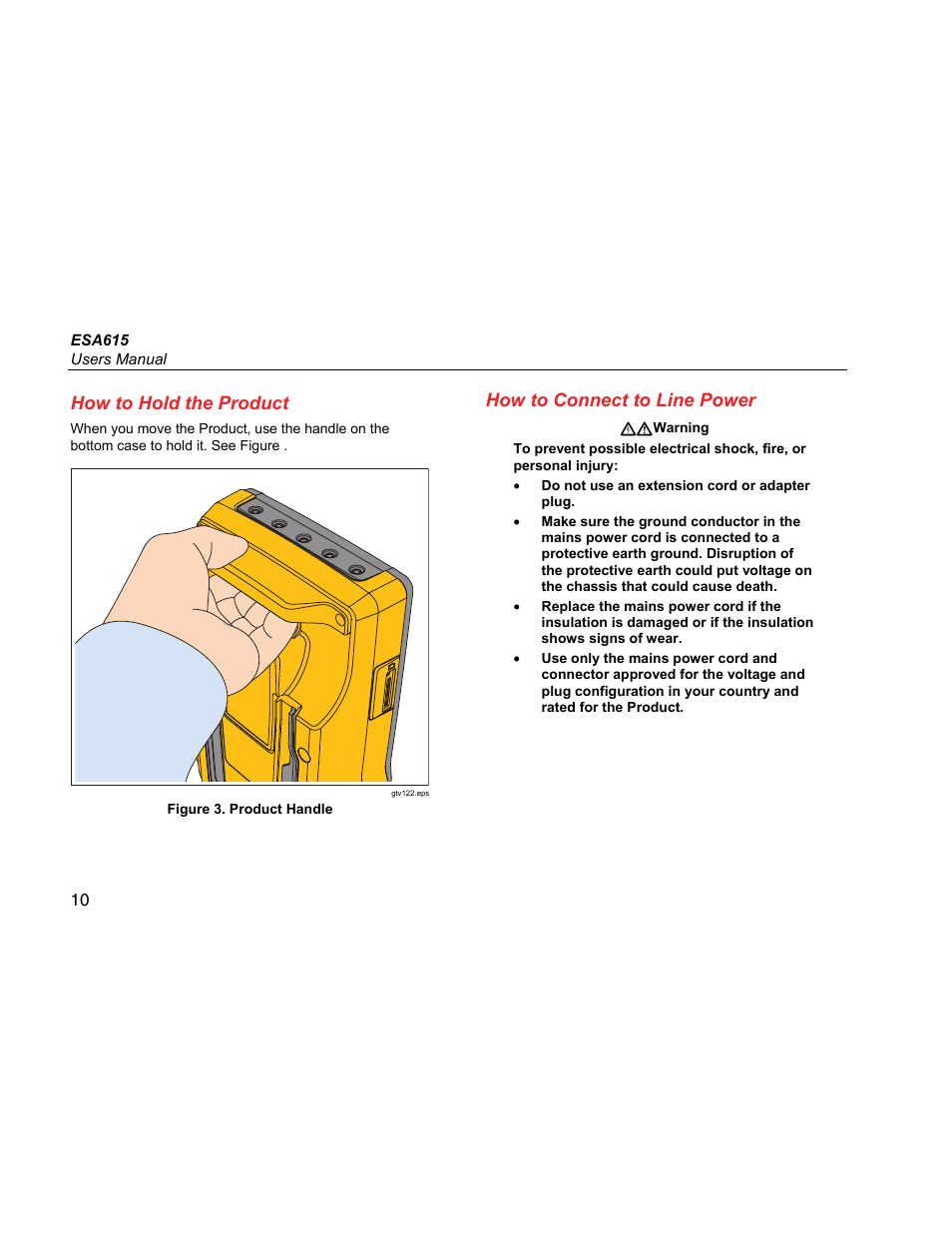 How to hold the product, How to connect to line power | Fluke Biomedical ESA615 User Manual | Page 24 / 96