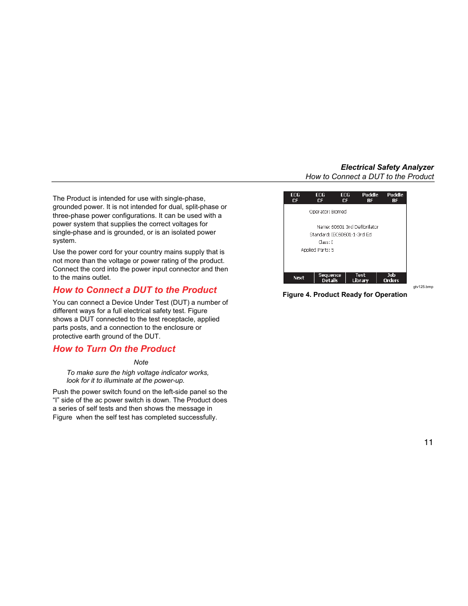 How to connect a dut to the product, How to turn on the product | Fluke Biomedical ESA615 User Manual | Page 25 / 96