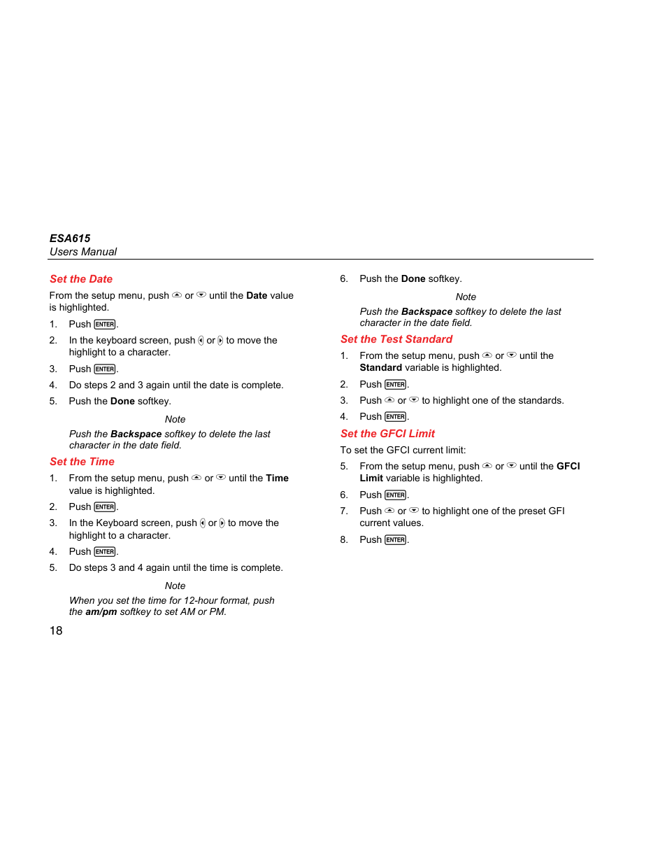 Set the date, Set the time, Set the test standard | Set the gfci limit | Fluke Biomedical ESA615 User Manual | Page 32 / 96