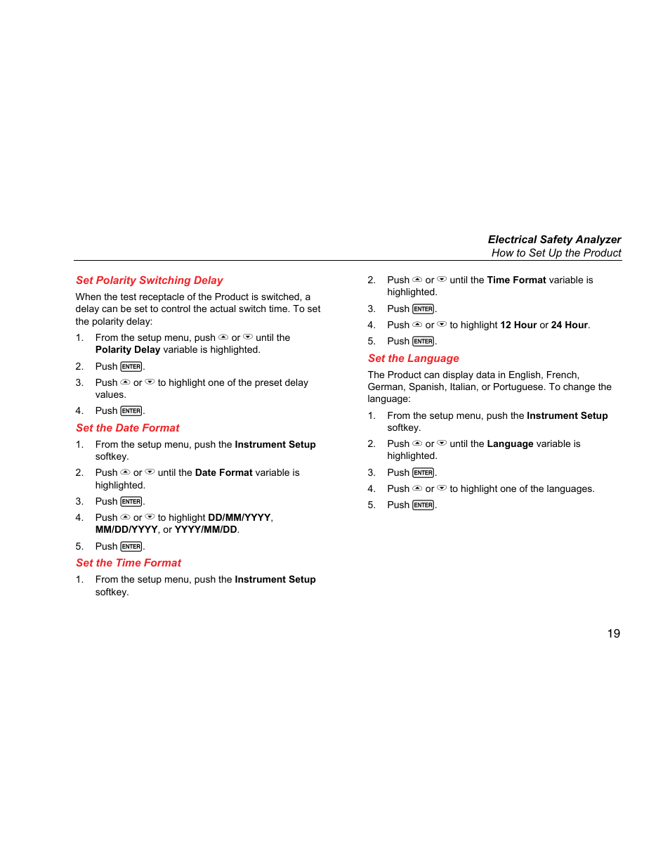 Set polarity switching delay, Set the date format, Set the time format | Set the language | Fluke Biomedical ESA615 User Manual | Page 33 / 96