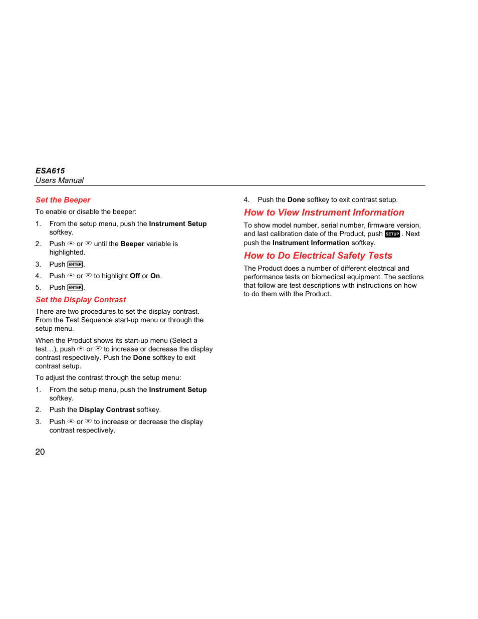 Set the beeper, Set the display contrast, How to view instrument information | How to do electrical safety tests | Fluke Biomedical ESA615 User Manual | Page 34 / 96