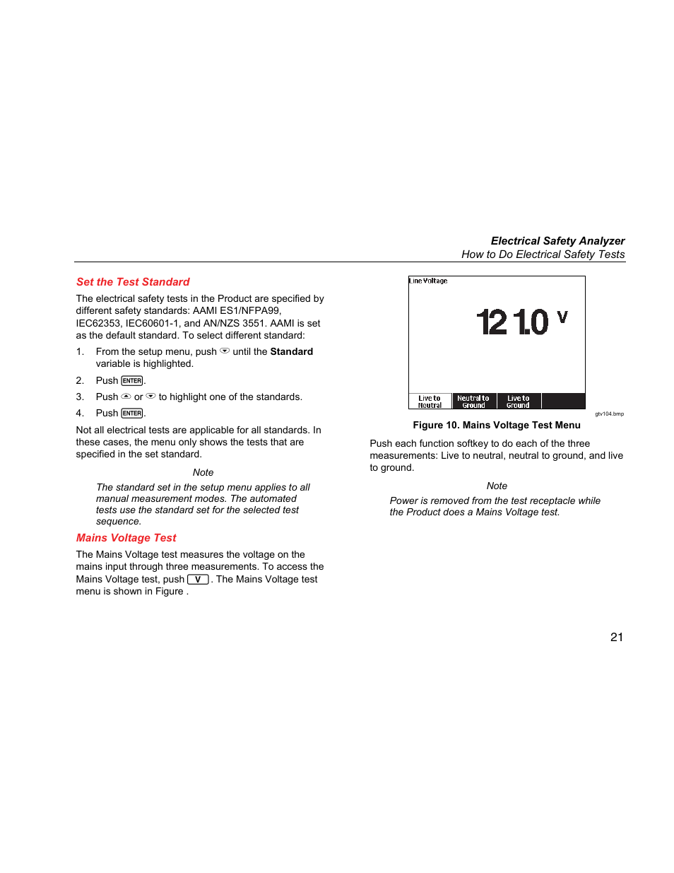 Set the test standard, Mains voltage test | Fluke Biomedical ESA615 User Manual | Page 35 / 96