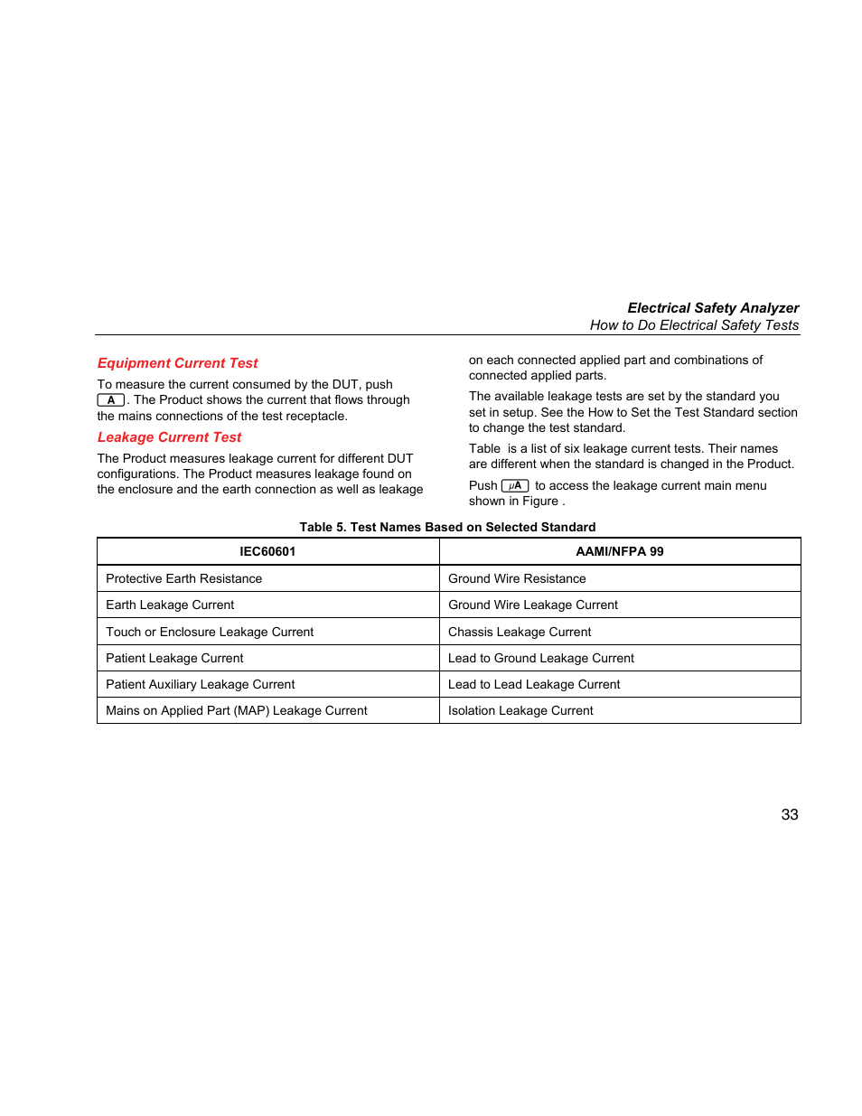 Equipment current test, Leakage current test | Fluke Biomedical ESA615 User Manual | Page 47 / 96