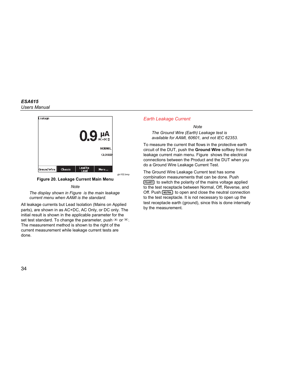 Earth leakage current | Fluke Biomedical ESA615 User Manual | Page 48 / 96