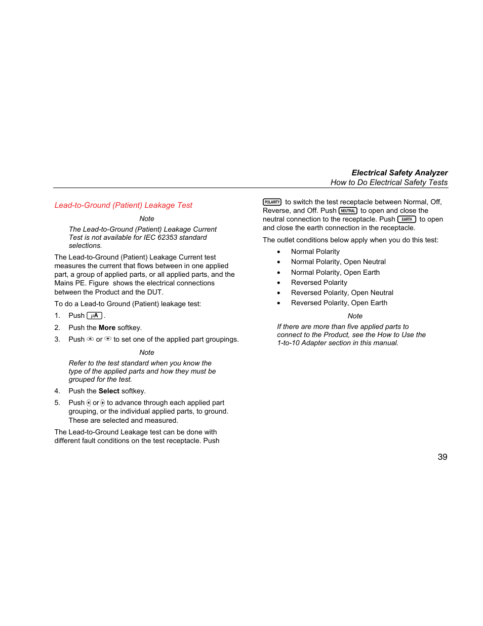 Lead-to-ground (patient) leakage test | Fluke Biomedical ESA615 User Manual | Page 53 / 96