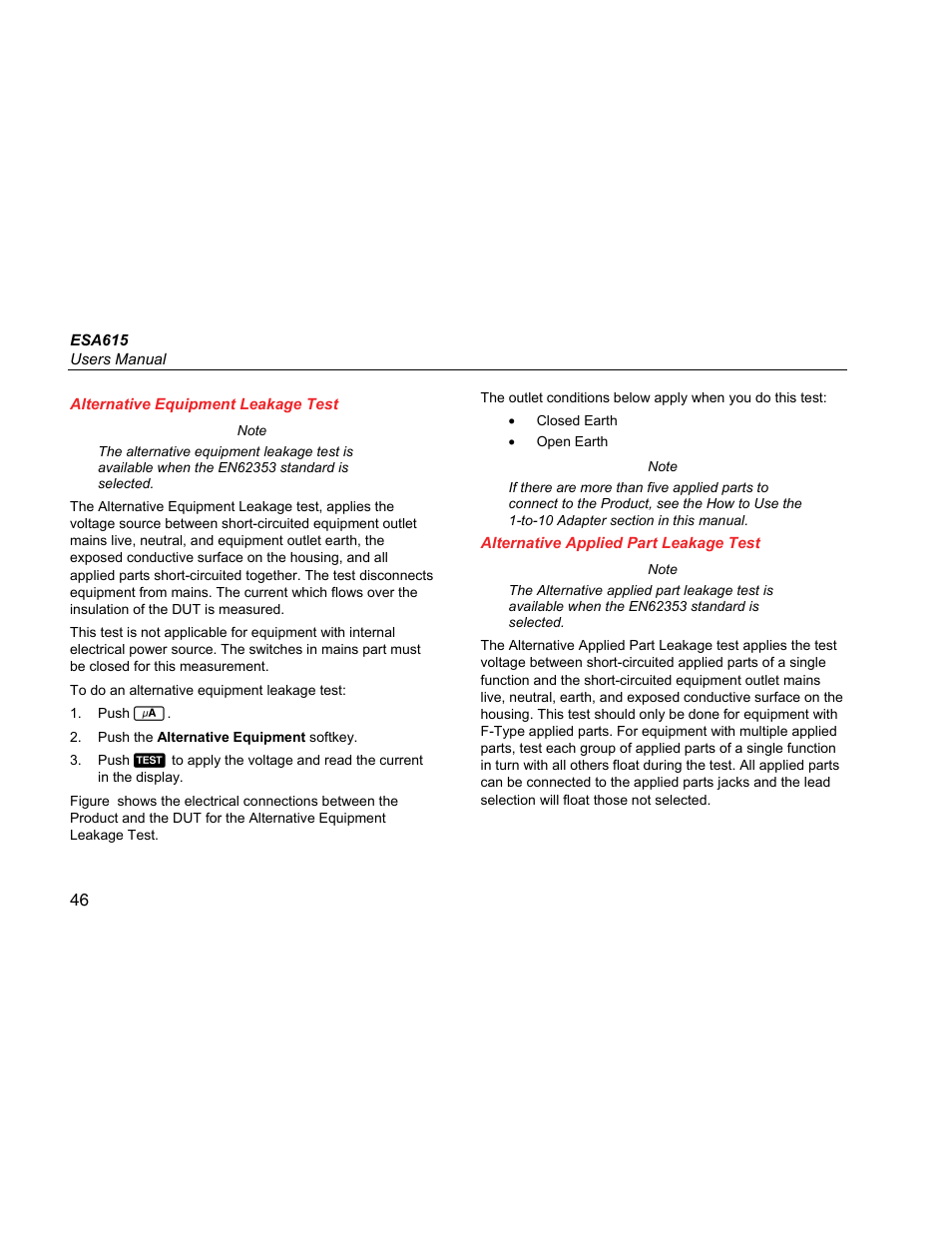 Alternative equipment leakage test, Alternative applied part leakage test | Fluke Biomedical ESA615 User Manual | Page 60 / 96