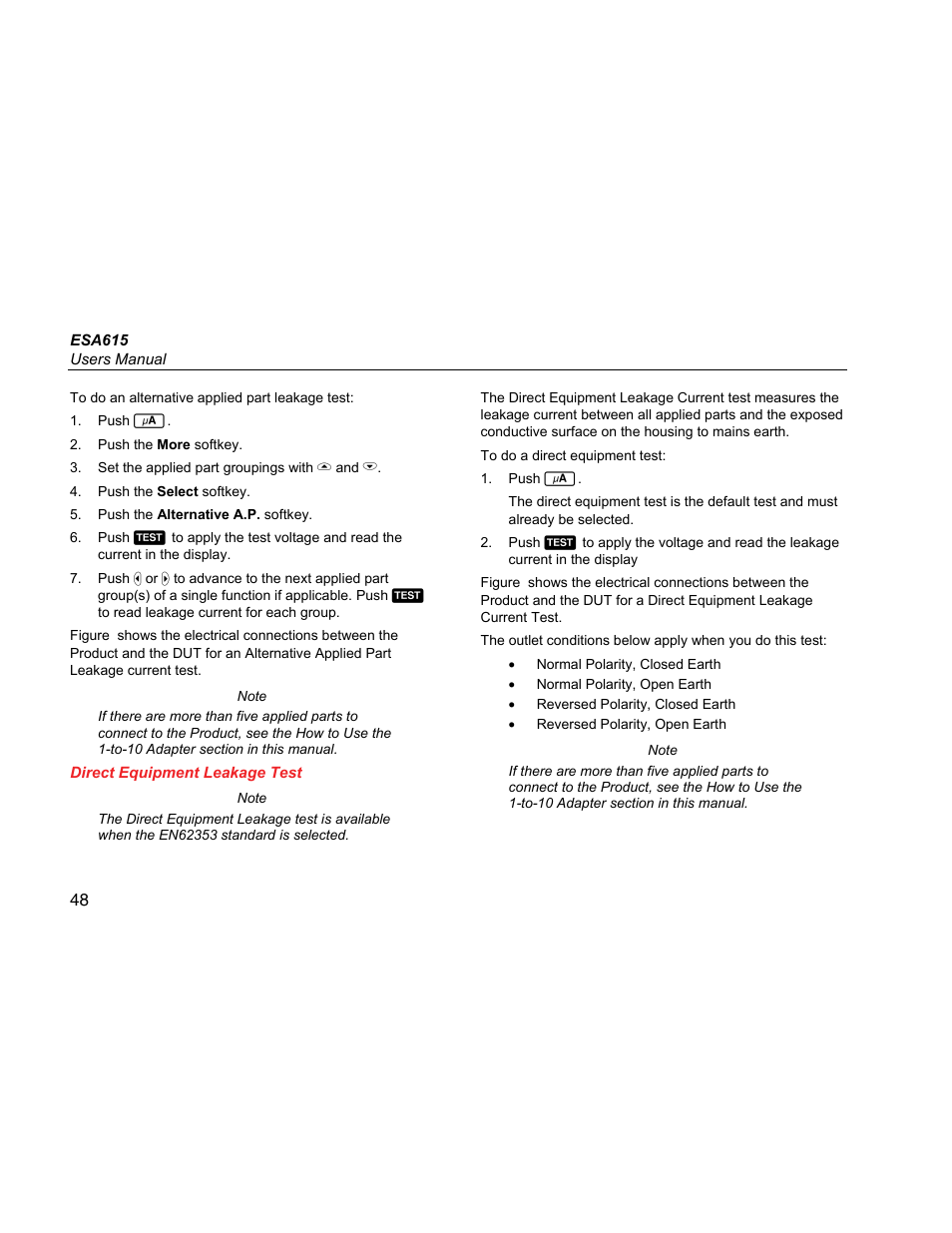 Direct equipment leakage test | Fluke Biomedical ESA615 User Manual | Page 62 / 96