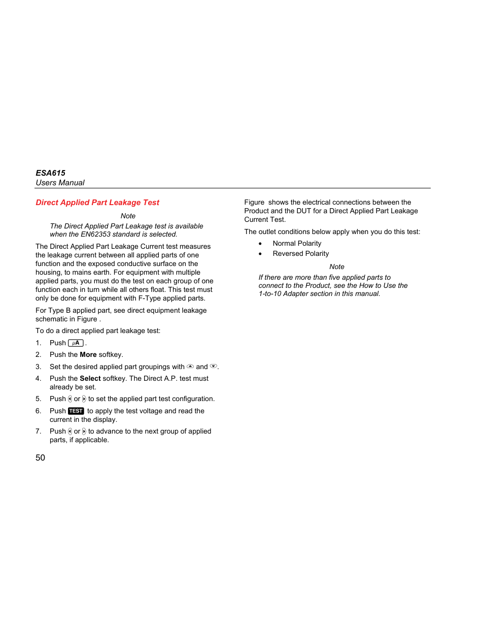 Direct applied part leakage test | Fluke Biomedical ESA615 User Manual | Page 64 / 96