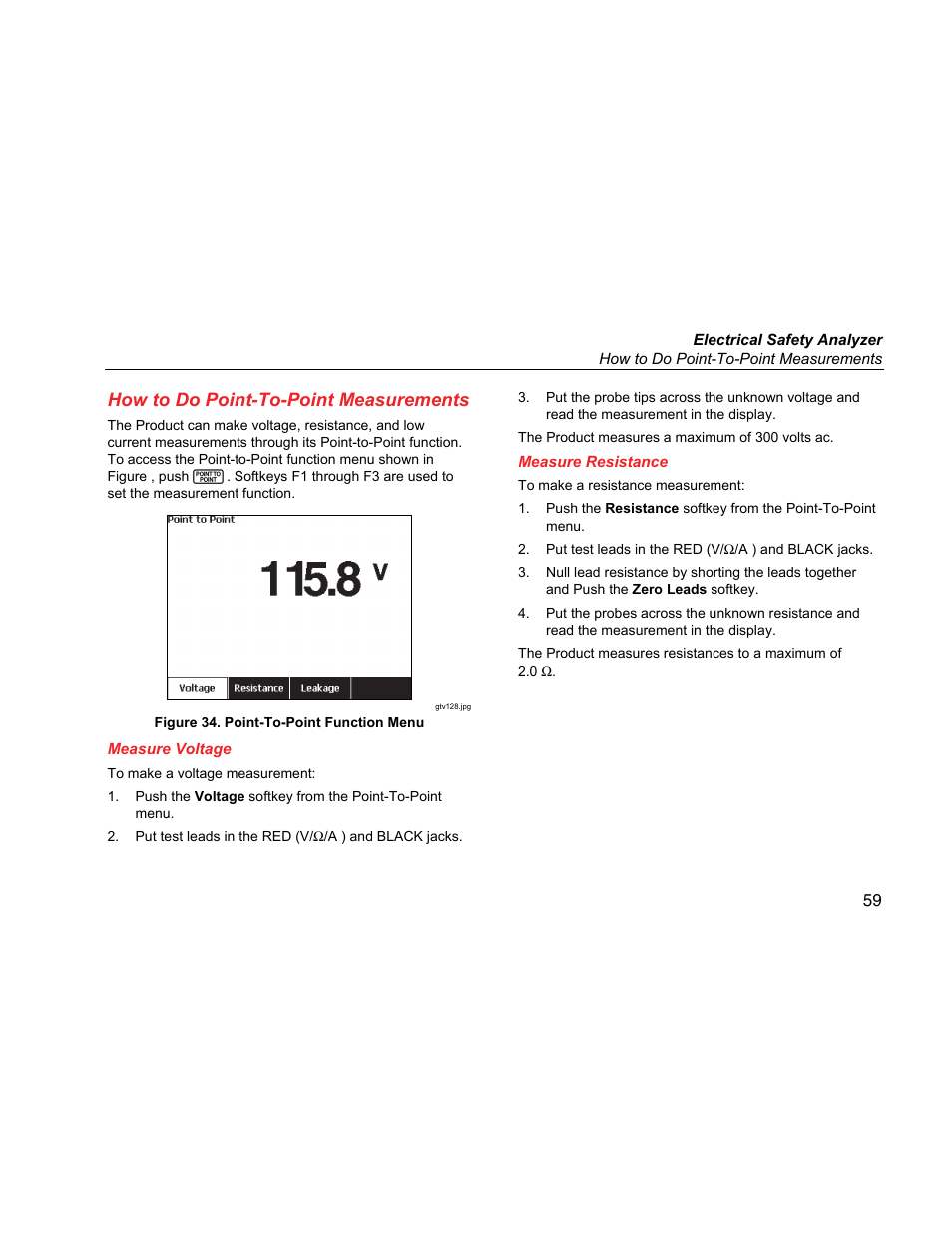 How to do point-to-point measurements, Measure voltage, Measure resistance | Fluke Biomedical ESA615 User Manual | Page 73 / 96
