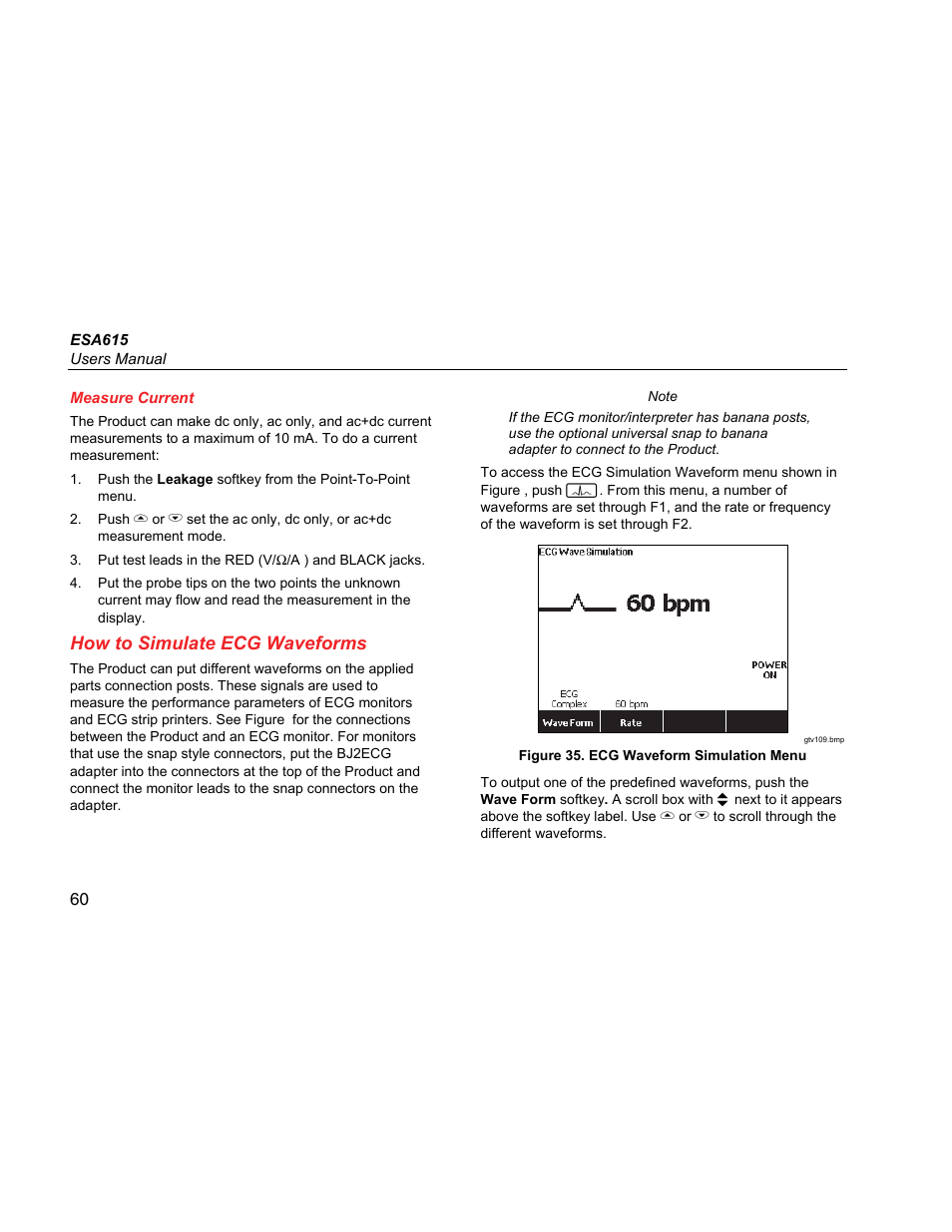 Measure current, How to simulate ecg waveforms | Fluke Biomedical ESA615 User Manual | Page 74 / 96