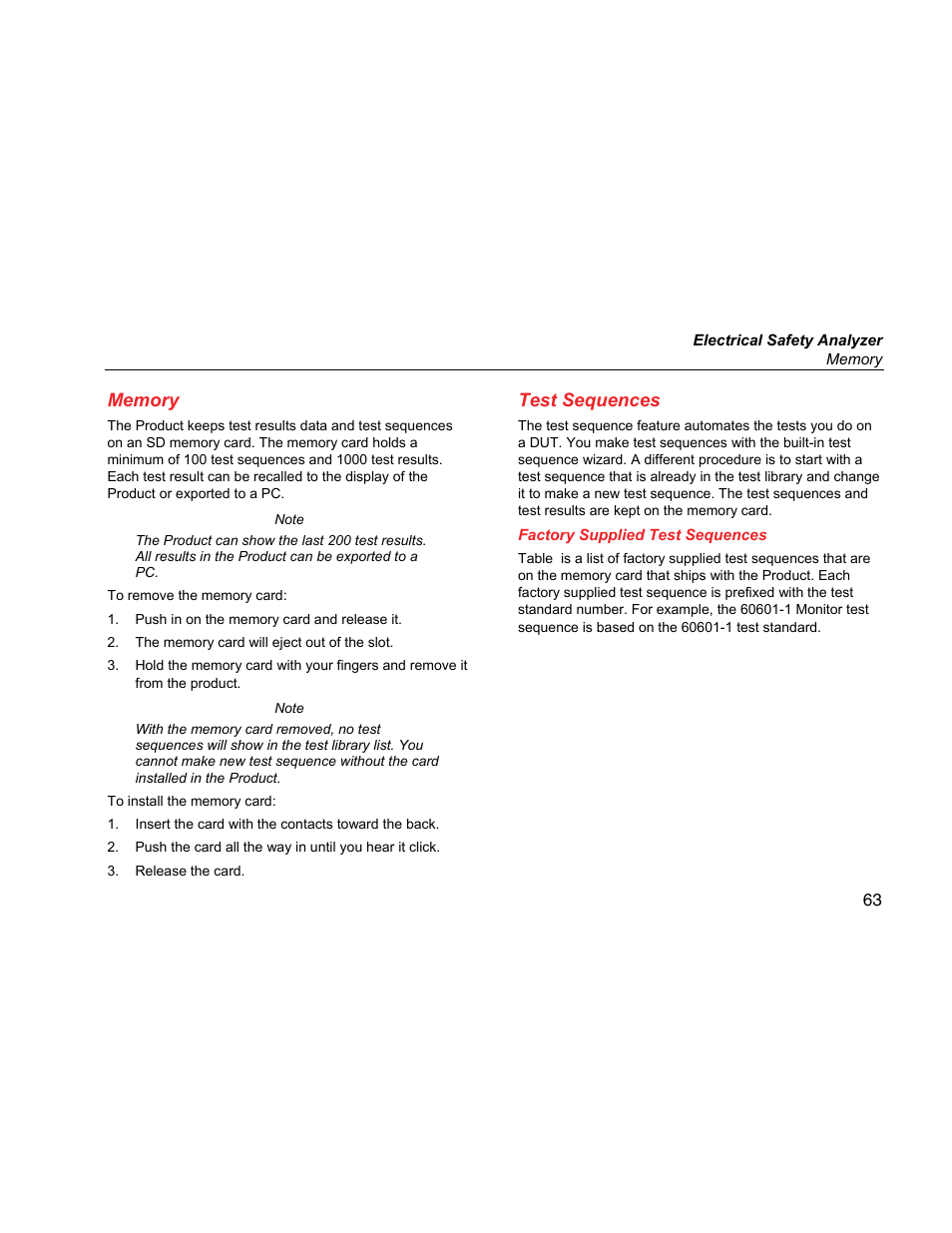 Memory, Test sequences, Factory supplied test sequences | Fluke Biomedical ESA615 User Manual | Page 77 / 96