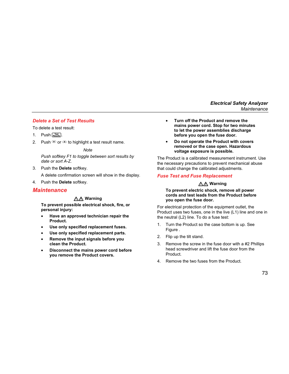 Delete a set of test results, Maintenance, Fuse test and fuse replacement | Fluke Biomedical ESA615 User Manual | Page 87 / 96