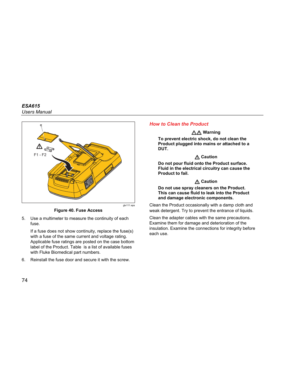 How to clean the product | Fluke Biomedical ESA615 User Manual | Page 88 / 96