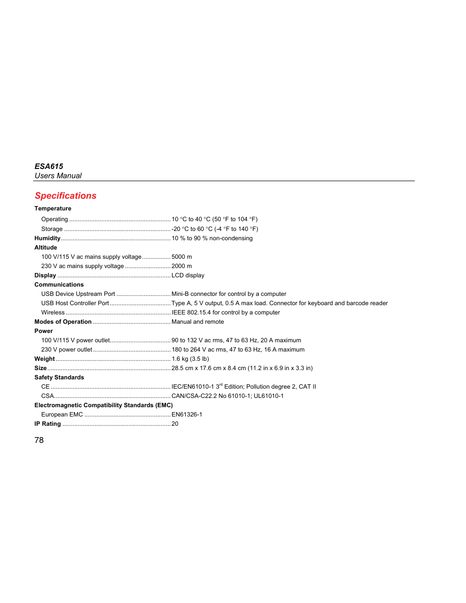 Specifications | Fluke Biomedical ESA615 User Manual | Page 92 / 96