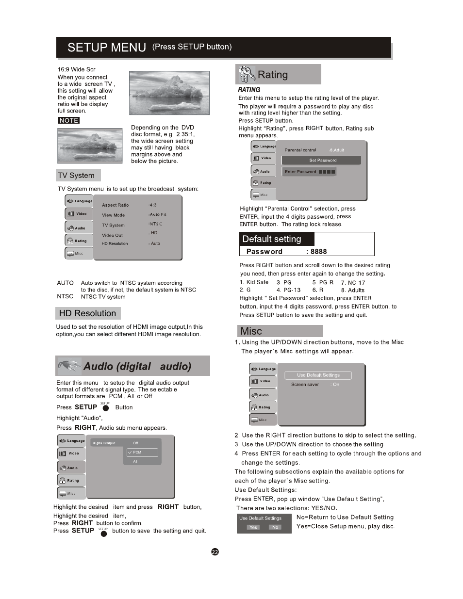 Hd resolution, Enter, Right | Curtis DVD1098C User Manual | Page 26 / 29