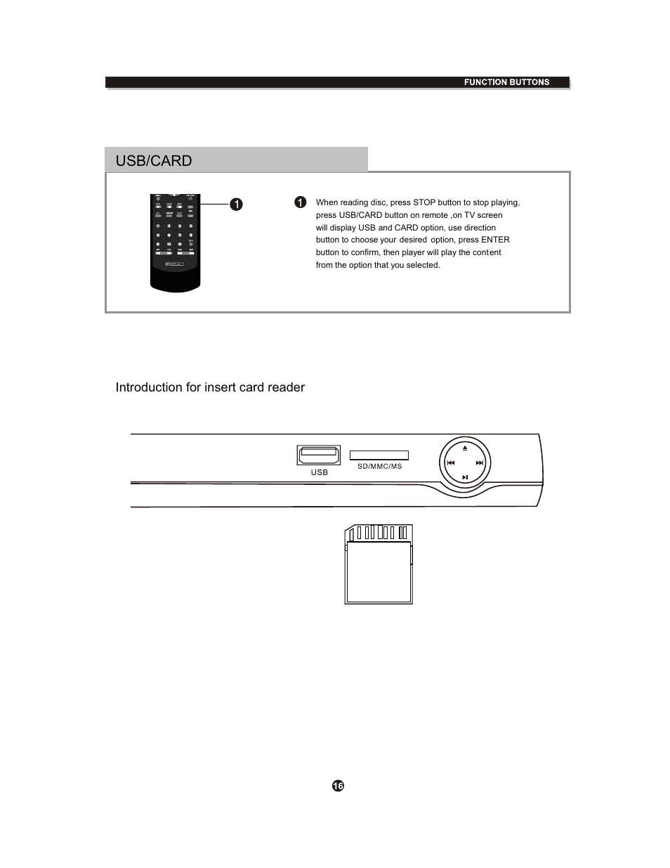 Usb/card, Introduction for insert card reader | Curtis DVD1098B User Manual | Page 20 / 29