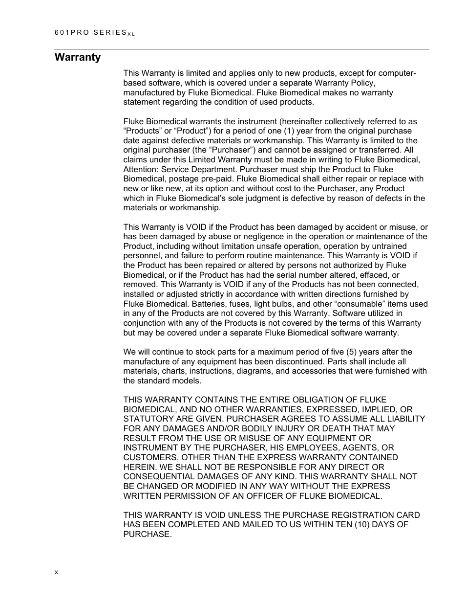 Warranty | Fluke Biomedical 601PRO XL User Manual | Page 10 / 186