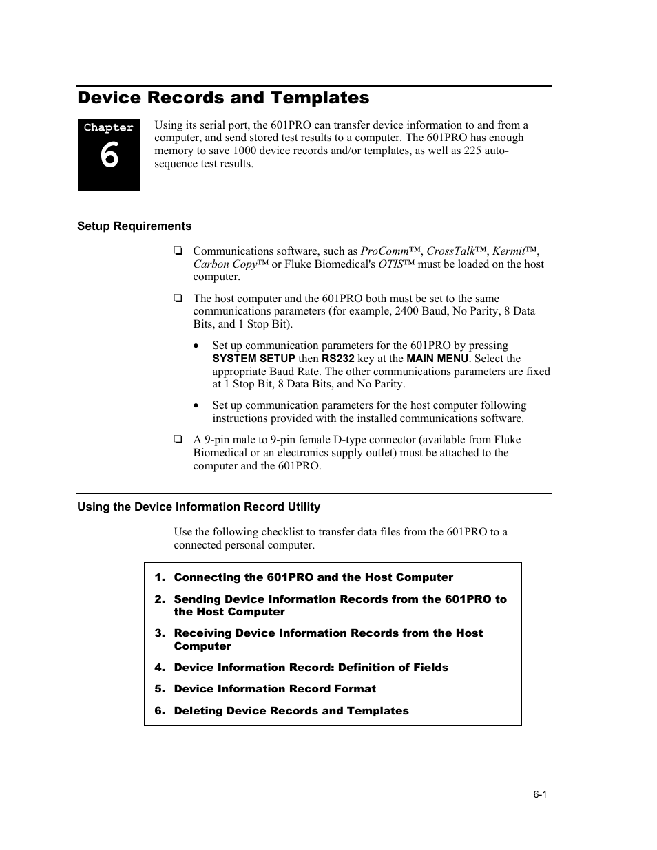 Device records and templates, Setup requirements, Using the device information record utility | Fluke Biomedical 601PRO XL User Manual | Page 103 / 186