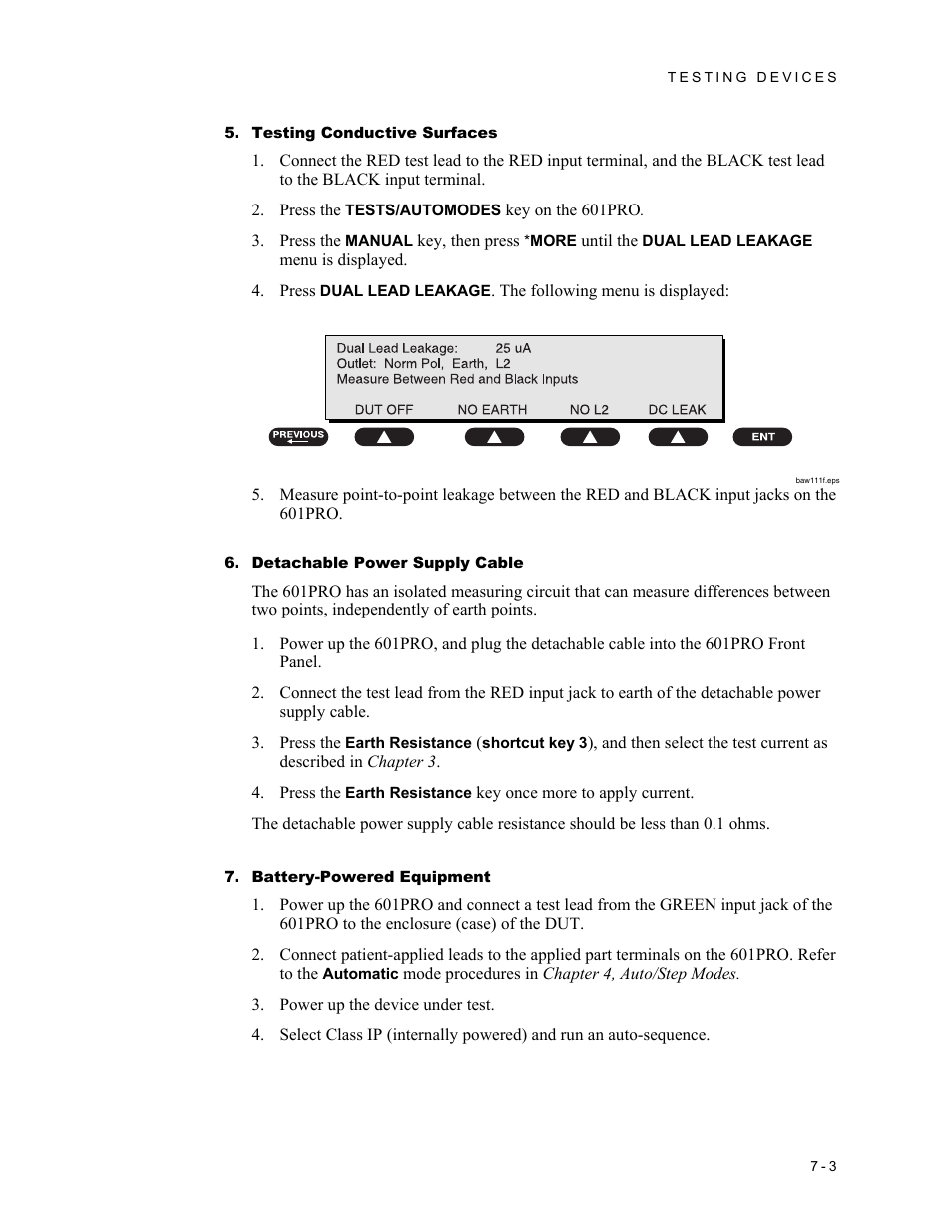 Testing conductive surfaces, Detachable power supply cable, Battery-powered equipment | Fluke Biomedical 601PRO XL User Manual | Page 113 / 186