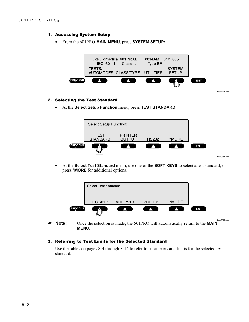 Accessing system setup, Selecting the test standard, Referring to test limits for the selected standard | Fluke Biomedical 601PRO XL User Manual | Page 116 / 186