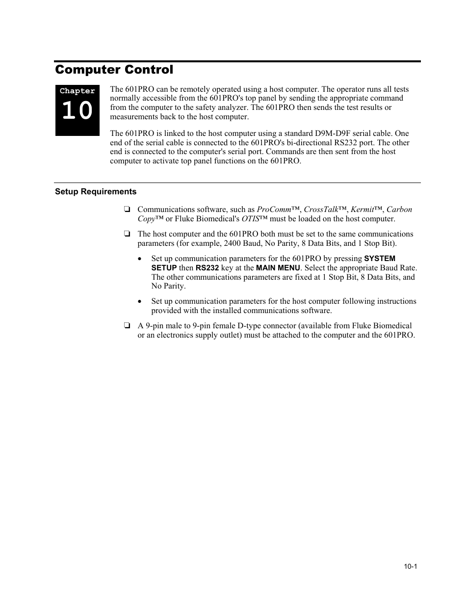 Computer control, Setup requirements | Fluke Biomedical 601PRO XL User Manual | Page 149 / 186
