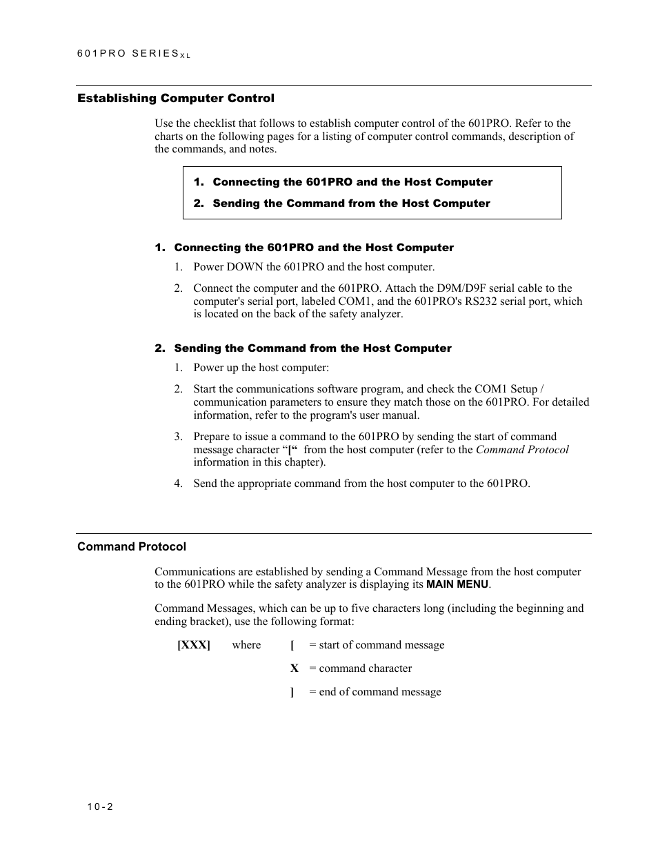 Establishing computer control, Connecting the 601pro and the host computer, Sending the command from the host computer | Command protocol | Fluke Biomedical 601PRO XL User Manual | Page 150 / 186
